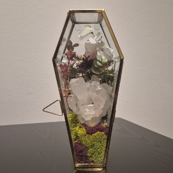 Geometric Glass Terrarium with Crystals and Moss